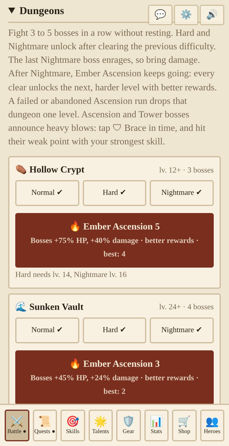 The dungeon list with Normal, Hard and Nightmare